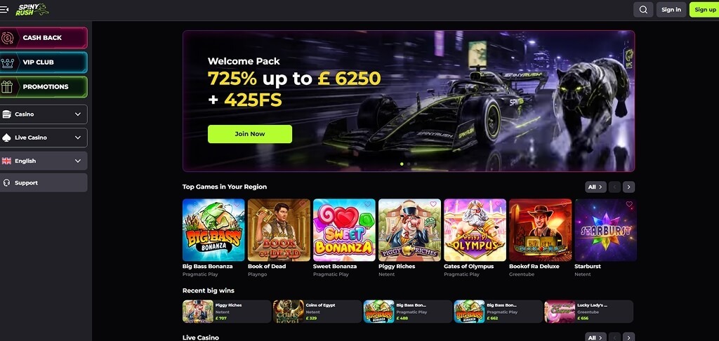 SpinyRush casino lobby with live and crash games