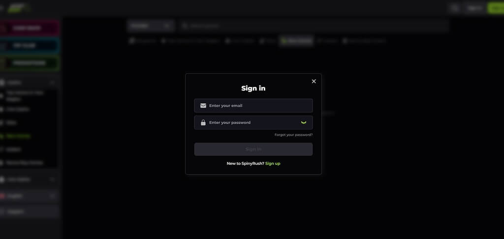 SpinyRush login screen