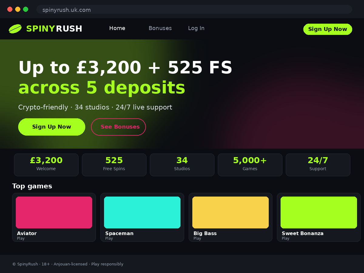 SpinyRush casino lobby on mobile